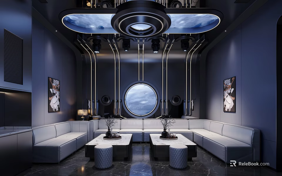 Modern Tech Inspired KTV Interior With White Sofas And Round Window 3d model 