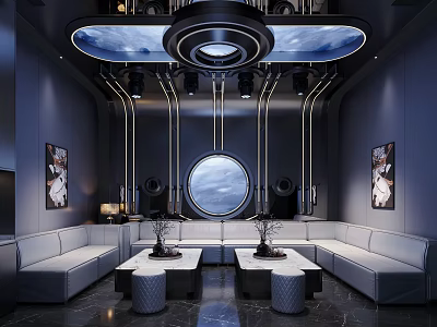 Modern Tech Inspired KTV Interior With White Sofas And Round Window 3d model