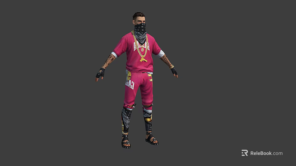 Game Movie Character in Red Hoodie Black Mask with Tattoos Red Pants and Leg Gear 3d model 