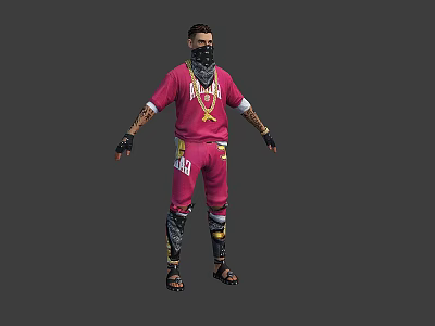 Game Movie Character in Red Hoodie Black Mask with Tattoos Red Pants and Leg Gear 3d model