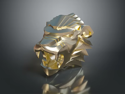 Golden Lion Head Sculpture Featuring Geometric Design And Shiny Metallic Surface 3d model