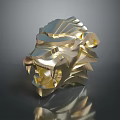 Golden Lion Head Sculpture Featuring Geometric Design And Shiny Metallic Surface