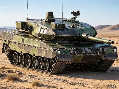 Modern Military Tank With Camouflage Paint Main Gun Tracks And Surveillance Camera In Desert Terrain 3d model
