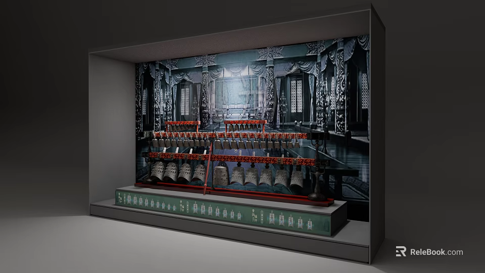 Museum Historical Exhibition Display Ancient Bronze Chime Bells With Traditional Decor 3d model 