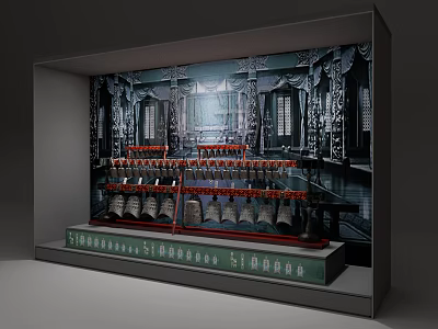 Museum Historical Exhibition Display Ancient Bronze Chime Bells With Traditional Decor 3d model