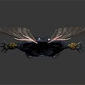 Futuristic Character In Black Bodysuit With Pink Transparent Wings And Golden Shoulders
