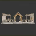 Cartoon Scene Of Stone Buildings With Red Tile Roofs Swimming Pool Statues And Railing
