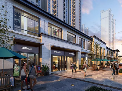 Bustling Commercial Street with Brand Shops Pedestrians Green Umbrellas and Tall Buildings 3d model