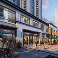 Bustling Commercial Street with Brand Shops Pedestrians Green Umbrellas and Tall Buildings
