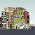 Colorful Multi Story Townhouse Architectural Model With Varied Facades Windows And Porch