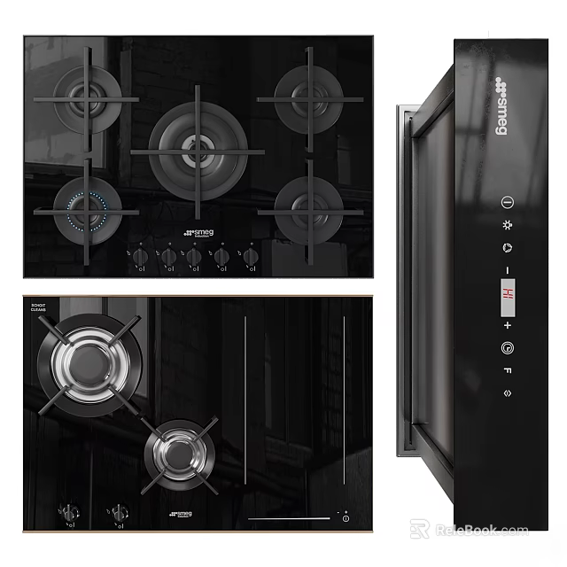 Modern Black Gas Stove With Multiple Burners And Control Panel Design 3d model