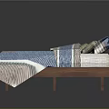 Wooden Bed Furniture With Blue And White Striped Quilt And Plaid Pillows