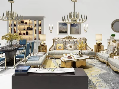 Luxurious Living Room Interior With Sofa Coffee Table Set Chandeliers Decorative Paintings And Rug 3d model