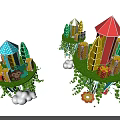 Art Installation With Hanging Islands Colorful Buildings Animal Elements Green Vines And Cloud Decorations