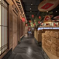 Traditional Restaurant Interior Design With Large Tree Red Patterned Bamboo Lanterns And Wooden Tables