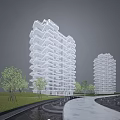 Modern High Rise Residential Building with Lush Greenery Water Feature and Scenic Path