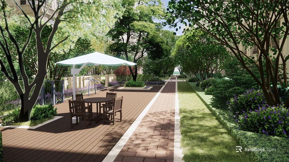 Residential Landscape With Lush Trees Greenery Wooden Deck Walkway Outdoor Seating And White Umbrella 3d model 