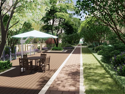 Residential Landscape With Lush Trees Greenery Wooden Deck Walkway Outdoor Seating And White Umbrella 3d model