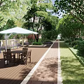 Residential Landscape With Lush Trees Greenery Wooden Deck Walkway Outdoor Seating And White Umbrella