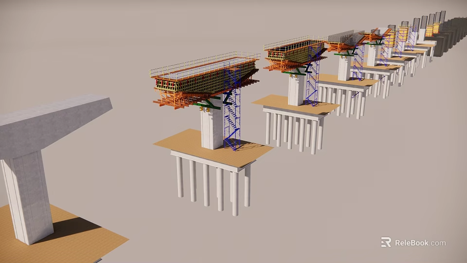 Bridge Construction Project With Concrete Piers Scaffolding And Support Structures 3d model 