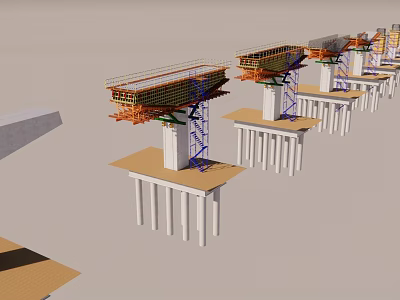 Bridge Construction Project With Concrete Piers Scaffolding And Support Structures 3d model