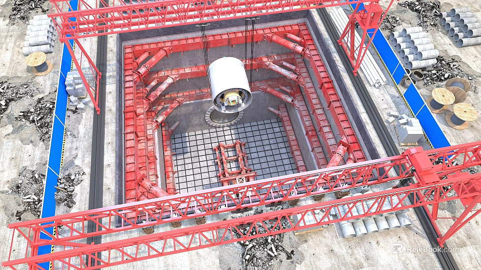Industrial Equipment Cylinder Being Lifted By Red Crane At Construction Site With Metal Grid Framework 3d model 