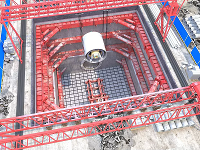 Industrial Equipment Cylinder Being Lifted By Red Crane At Construction Site With Metal Grid Framework 3d model