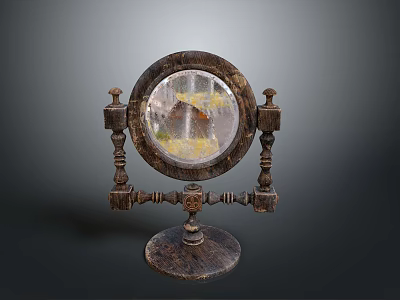 Vintage Round Mirror With Carved Wooden Stand And Decorative Base 3d model