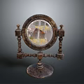 Vintage Round Mirror With Carved Wooden Stand And Decorative Base
