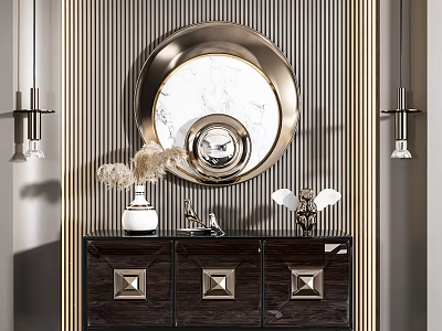 Elegant Entryway Console Cabinet With Round Mirror Golden Accents And Decorative Lamps 3d model