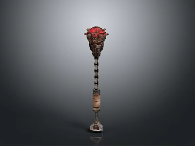 Ancient Ornate Weapon With Long Metal Handle And Red Decorative Top 3d model