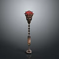 Ancient Ornate Weapon With Long Metal Handle And Red Decorative Top
