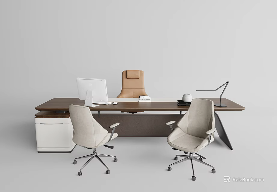 Office Desk Setup With Ergonomic Chairs White Computer Monitor Cabinet And Desk Lamp 3d model 