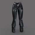 Stylish Black Leather Pants With Decorative Belt And Fringe Hem Design