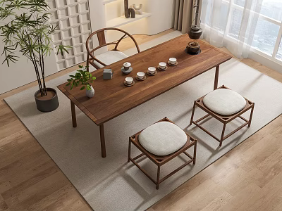 Wooden Chinese Style Tea Table And Chairs With Tea Sets And Potted Plants 3d model