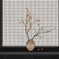 Minimalist Zen Vase With Branches And Orange Fruits Against Grid Screen And Black Gravel