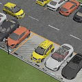Various Colored Cars Neatly Parked In Parking Lot With Lines Grass And Street Lamp