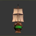 Pirate Ship Model With Brown Hull Green Bottom Multiple Sails And Black Flag