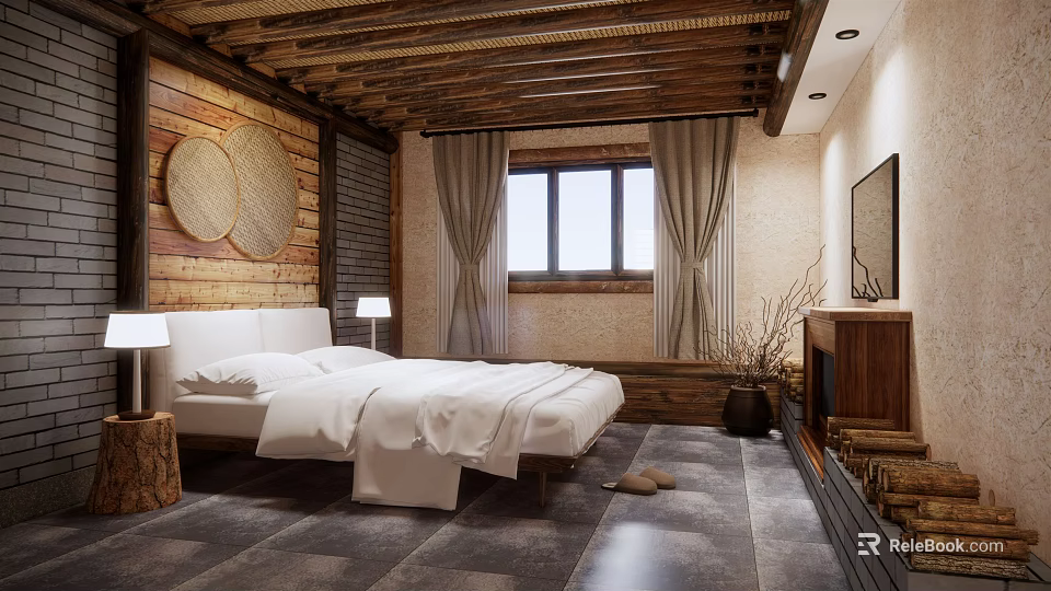 Rustic Hotel Guest Room Interior With Wooden Ceiling Stone Floor And Bed 3d model 