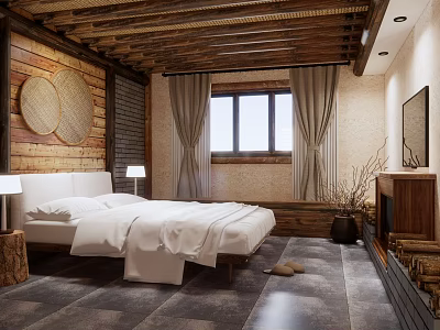 Rustic Hotel Guest Room Interior With Wooden Ceiling Stone Floor And Bed 3d model