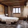 Rustic Hotel Guest Room Interior With Wooden Ceiling Stone Floor And Bed