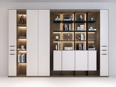 Modern White Wooden Bookshelf Interior With Layered Shelves Lighting Decorative Items And Drawers 3d model