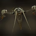 Mysterious Mechanical Creature with Skeletal Structure Long Legs and Glowing Yellow Eyes on Dark Background