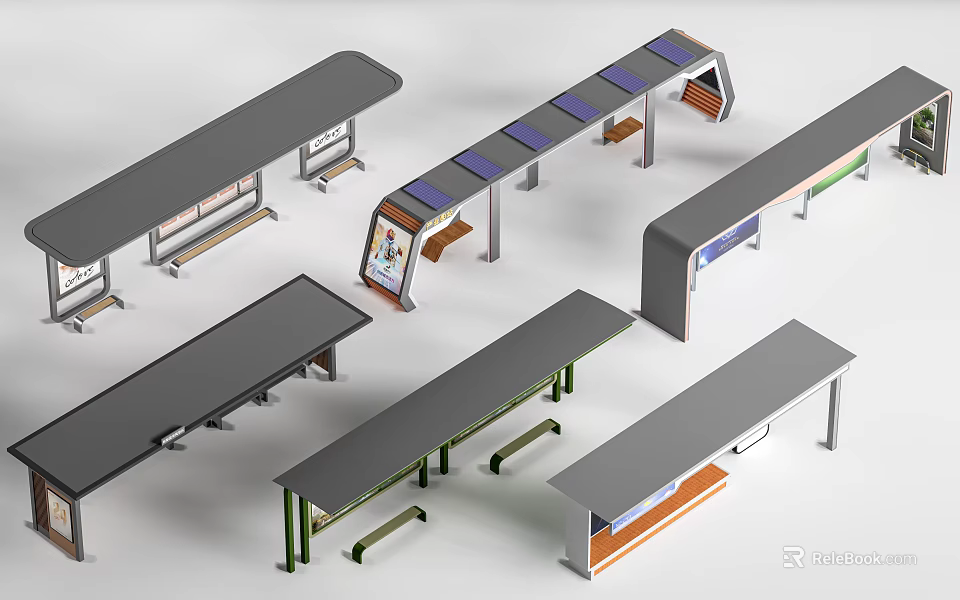 Modern Bus Station Designs With Various Roof Structures Seating And Information Boards 3d model 