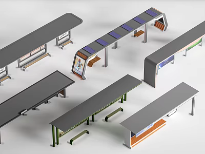 Modern Bus Station Designs With Various Roof Structures Seating And Information Boards 3d model