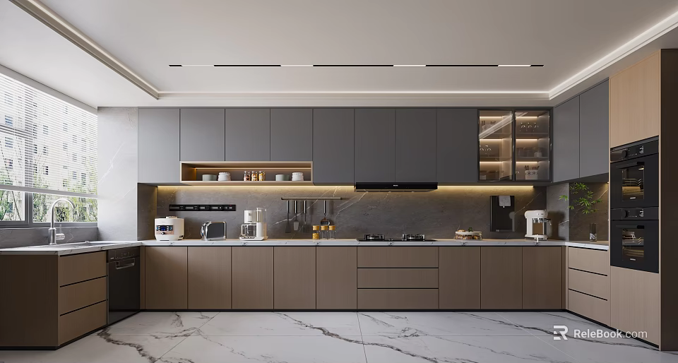 Modern Kitchen Interior With Gray Brown Cabinets And Marble Countertops 3d model 