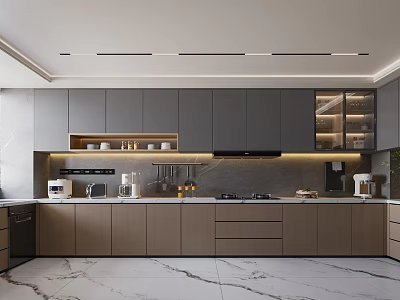 Modern Kitchen Interior With Gray Brown Cabinets And Marble Countertops 3d model