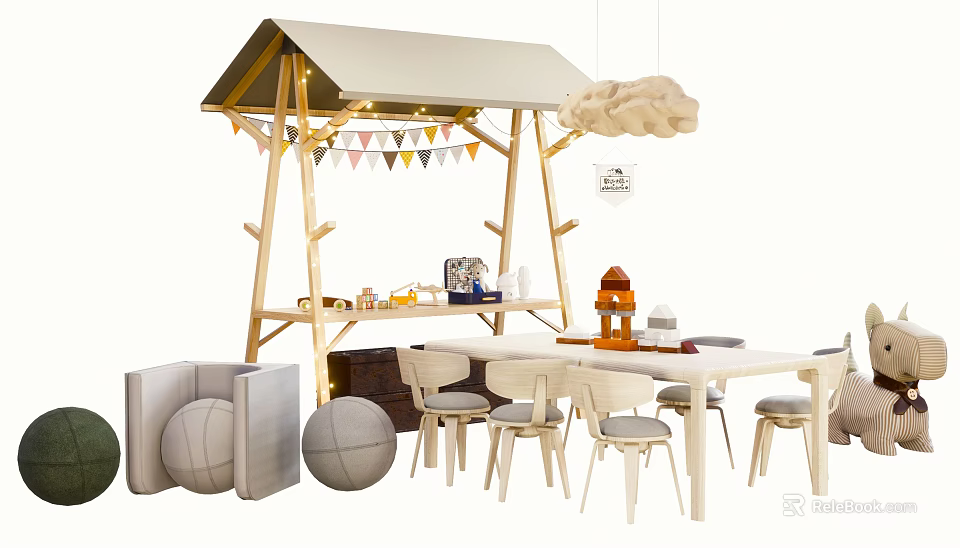 Kids Table With Chairs Wooden Playhouse Colorful Bunting Flags Hanging Cloud Pendant Light And Toys 3d model 