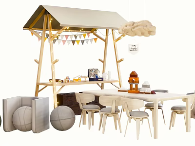 Kids Table With Chairs Wooden Playhouse Colorful Bunting Flags Hanging Cloud Pendant Light And Toys 3d model