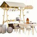 Kids Table With Chairs Wooden Playhouse Colorful Bunting Flags Hanging Cloud Pendant Light And Toys